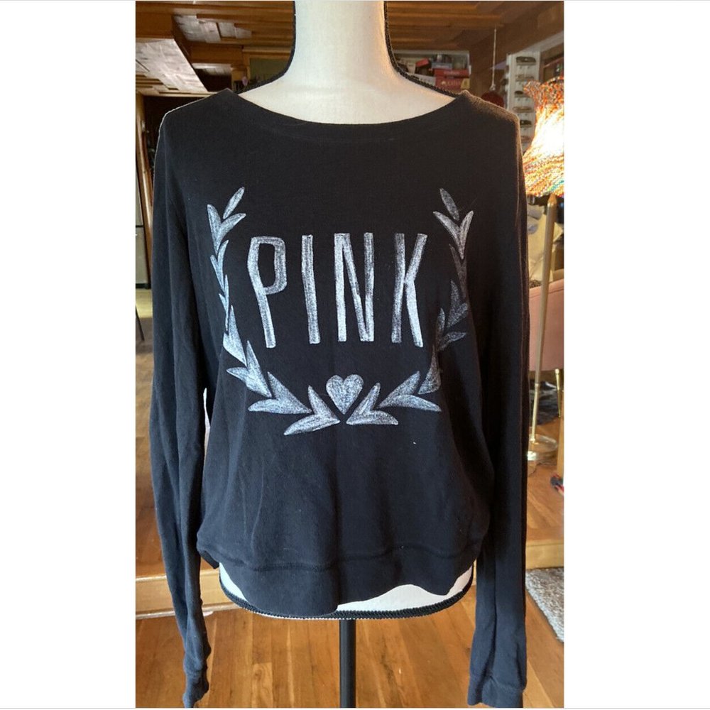 Victoria's Secret PINK thin Light weight Knit Crew Logo Sweater Black MEDIUM